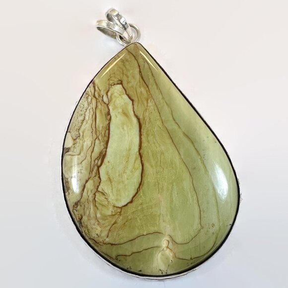 Jasper Pendant, Massive, Moss Green, Rusty Browns, Sterling Silver, Statement - Picture 4 of 5